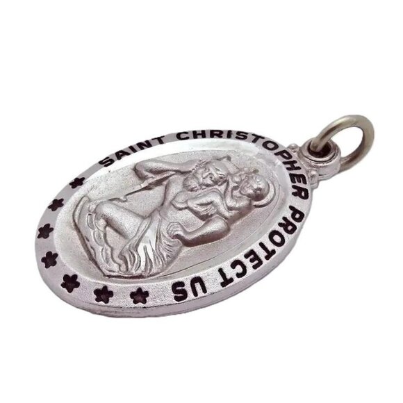 Vintage Saint Christopher Protect Us Sterling Silver Enamel Slide Pendant Charm - Picture 5 of 6